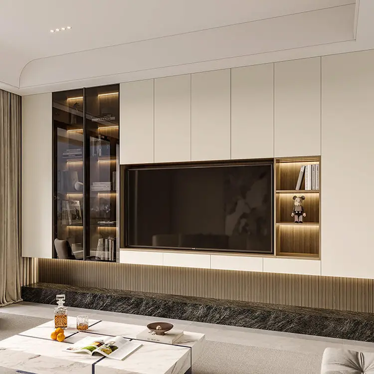 Modern Living Room Floating TV Unit Wall Wood Panel Cabinet