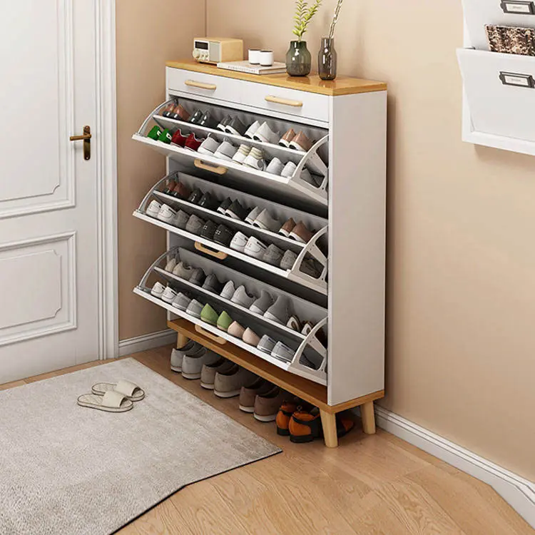 Modern Front Entrance Narrow Slim Tipping Bucket Shoe Rack Storage Cabinet