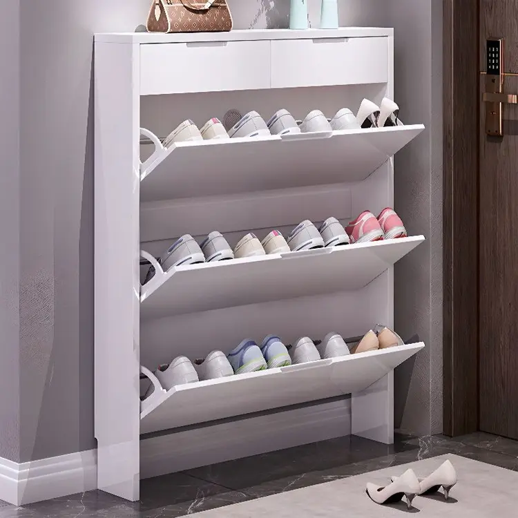 Modern White Ultra Thin Tipper Door Shoe Rack Storage Cabinet With Drawers