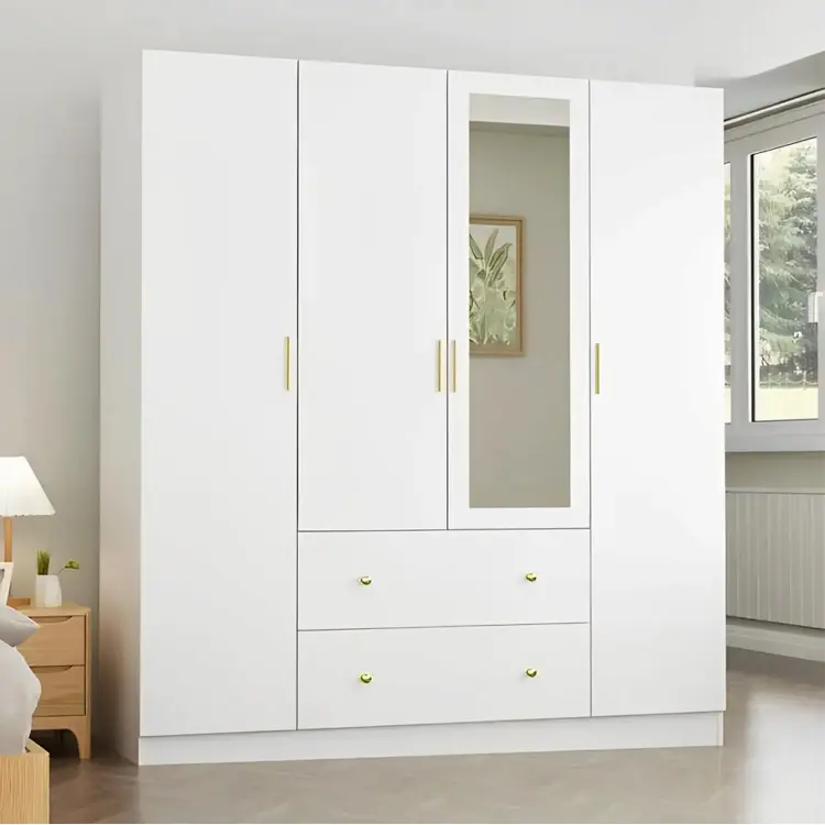 Modern White 4 Door Armoire Wardrobe With Mirror And Drawers