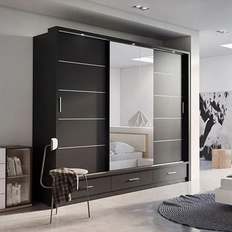 Modern Oak Three Sliding Door Armoire Closet Wardrobe With Mirror And Drawers