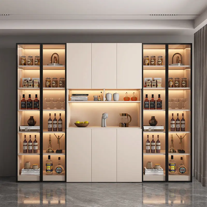 Custom Modern Living Room White Tall Cupboard Wine Rack Storage Cabinet With Glass Doors
