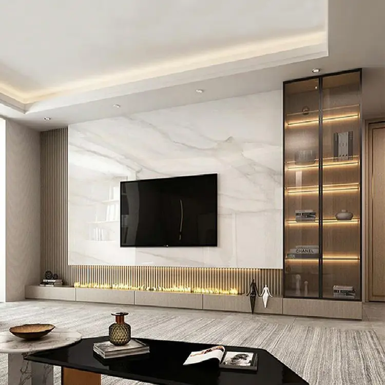 Modern Wall Mounted White TV Entertainment Center Stand Unit Cabinet With Electric Fireplace