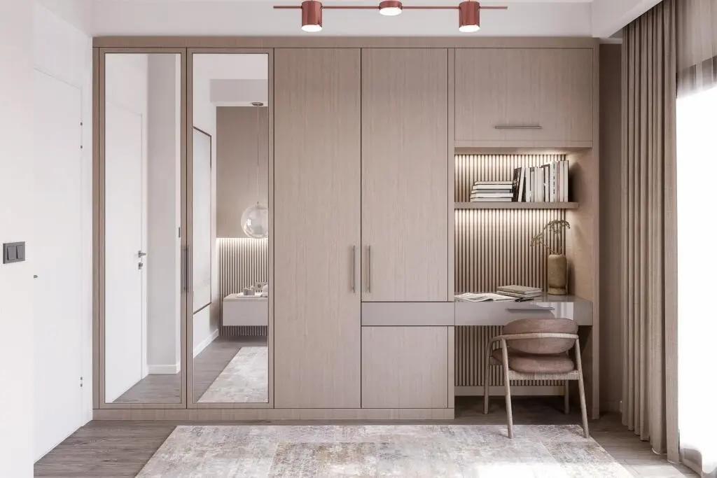 Modern Bedroom Large White Oak Mirrored Wardrobe Closet
