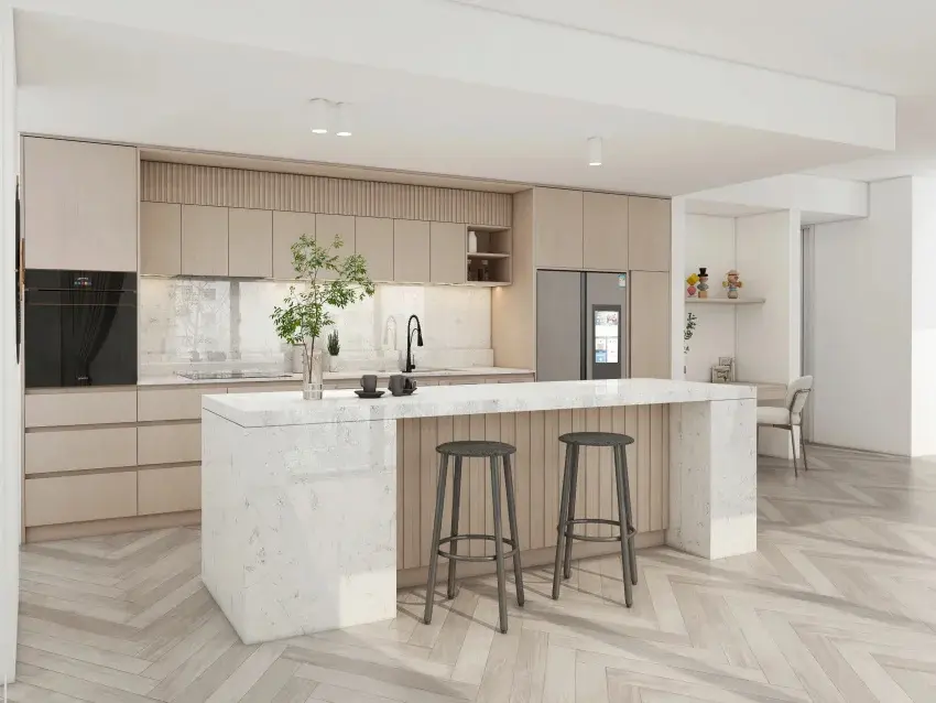 Modern Cupboards Wood Grain Melamine Kitchen Cabinets