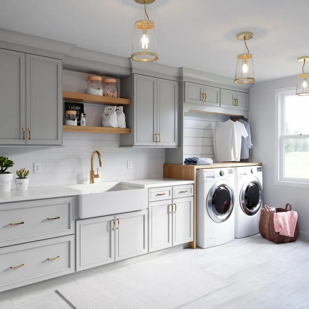 Modern Laundry Room Storage Shelf Basket Cupboard Washing Machine And Dryer Cabinet