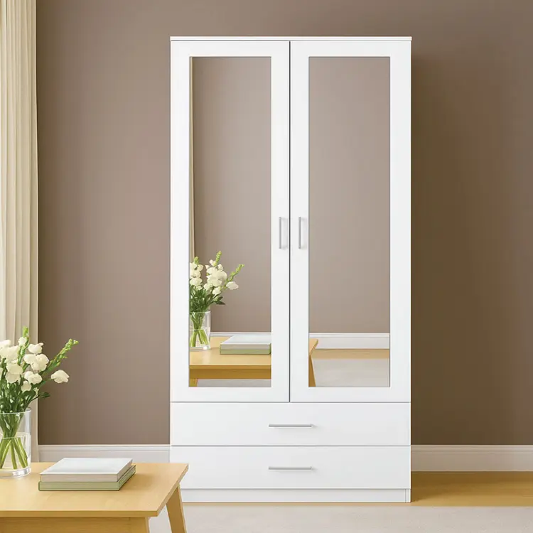 Modern White 2 Door Wooden Armoire Wardrobe With Mirror