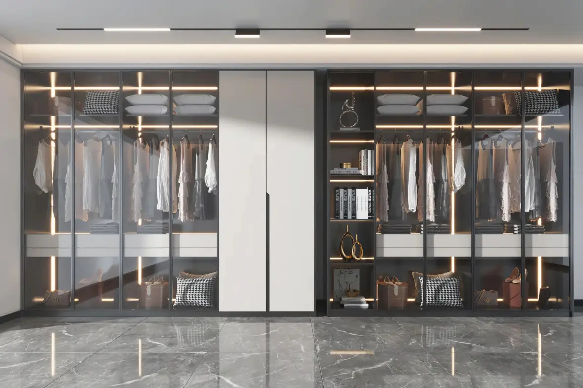 Custom Modern Bedroom Closet Wardrobe With Hinged Glass Door