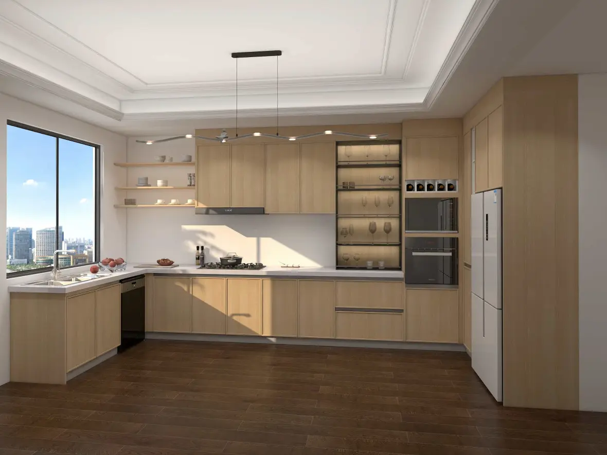 Modern Teak Wood Veneer Kitchen Cupboards Cabinets