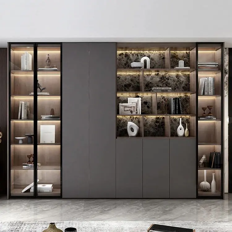 Modern Large Book Cabinet Tall Black Wood Bookcase With Glass Doors