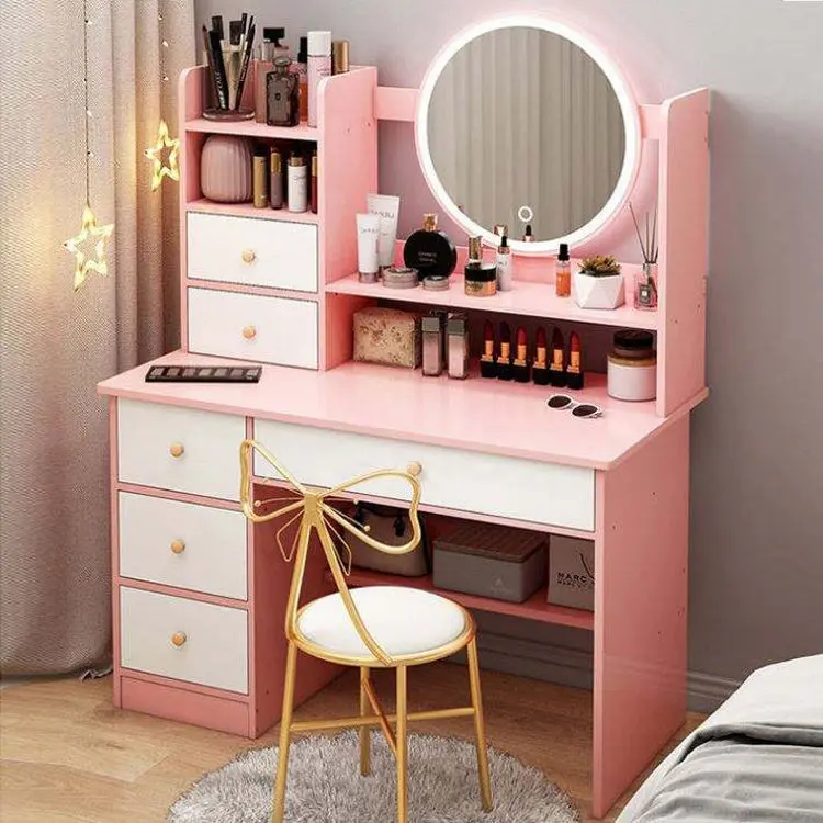 Modern Pink Dressing Table Chair Makeup Vanity Set With Round LED Mirror