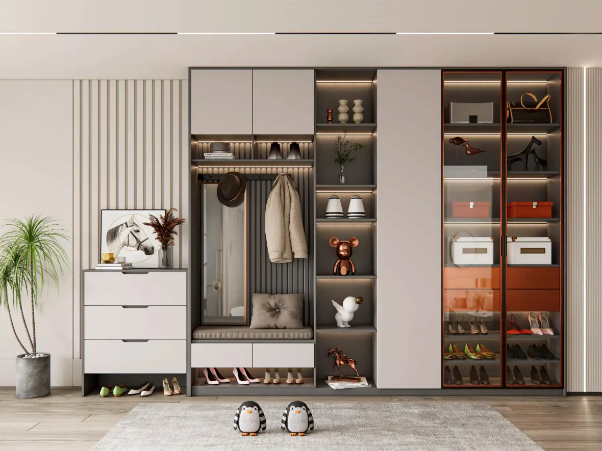 Modern Front Door Entryway Display Shelf Shoe Storage Cabinet With Bench And Coat Hanger