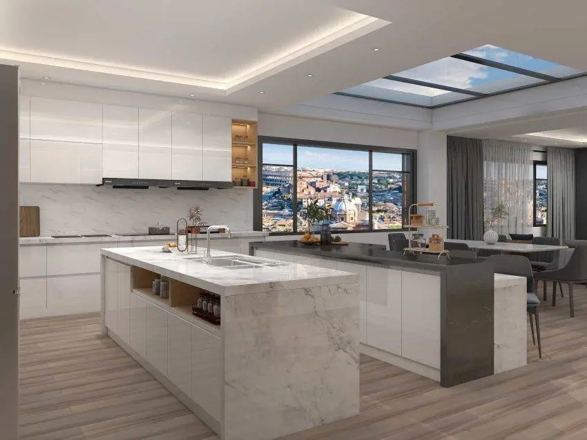 Modern White Kitchen Design with Glass Front Cabinets