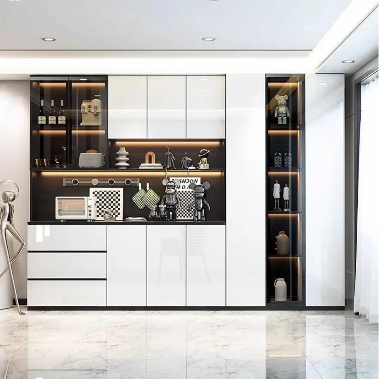 Modern Dining Room Furniture Tall Buffet Storage Cabinet Large White Gloss Wooden Sideboard