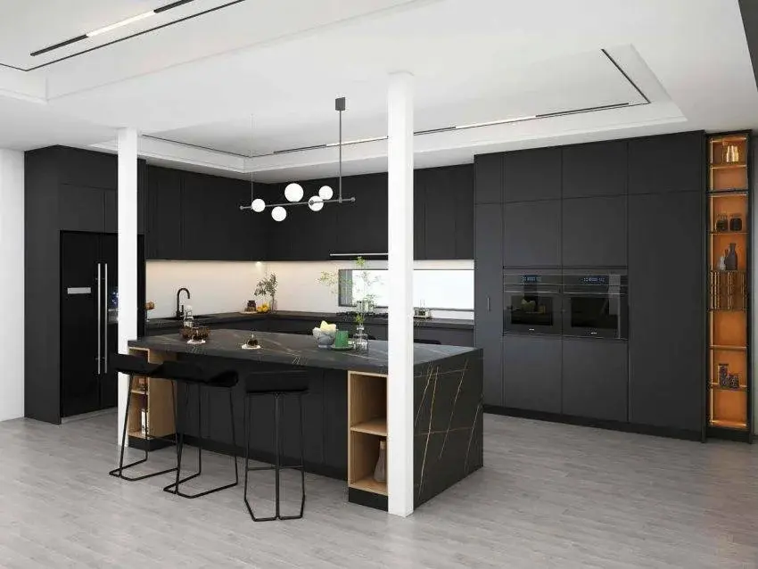 Modern Black Melamine Kitchen Cabinets With Island