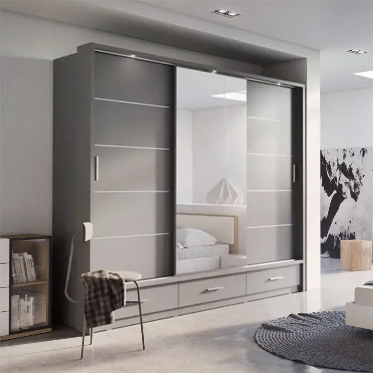 Modern Grey Three Sliding Door Armoire Closet Wardrobe With Mirror And Drawers