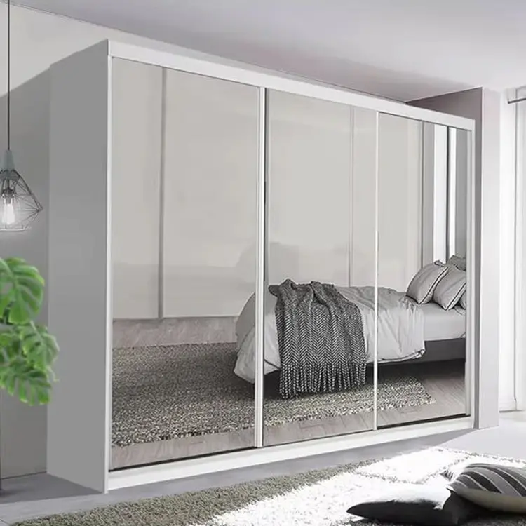 Modern White 3 Mirror Door Sliding Armoire Closet Wardrobe