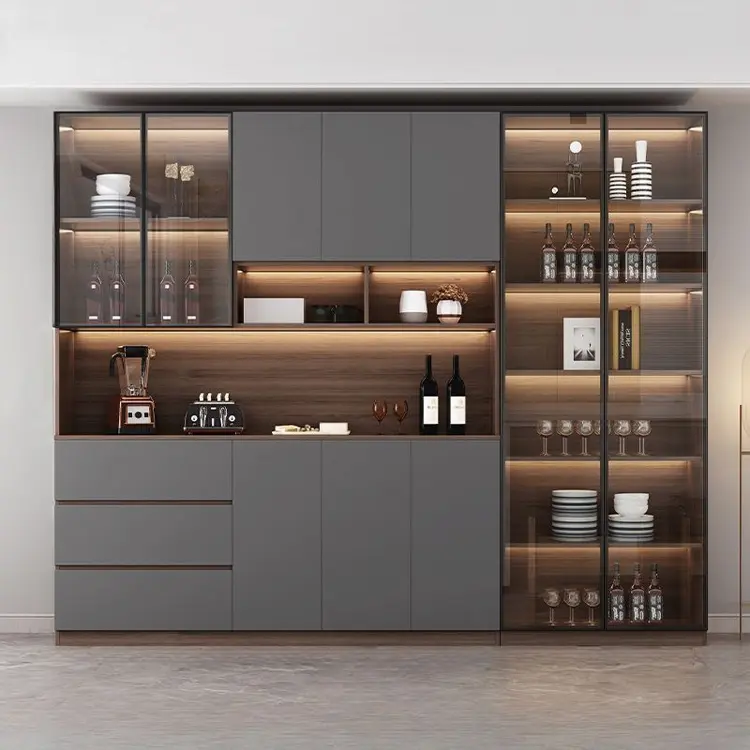 Modern Dining Room Tall Buffet Table Cabinet Large Matte Black Wood Sideboard With Glass Doors