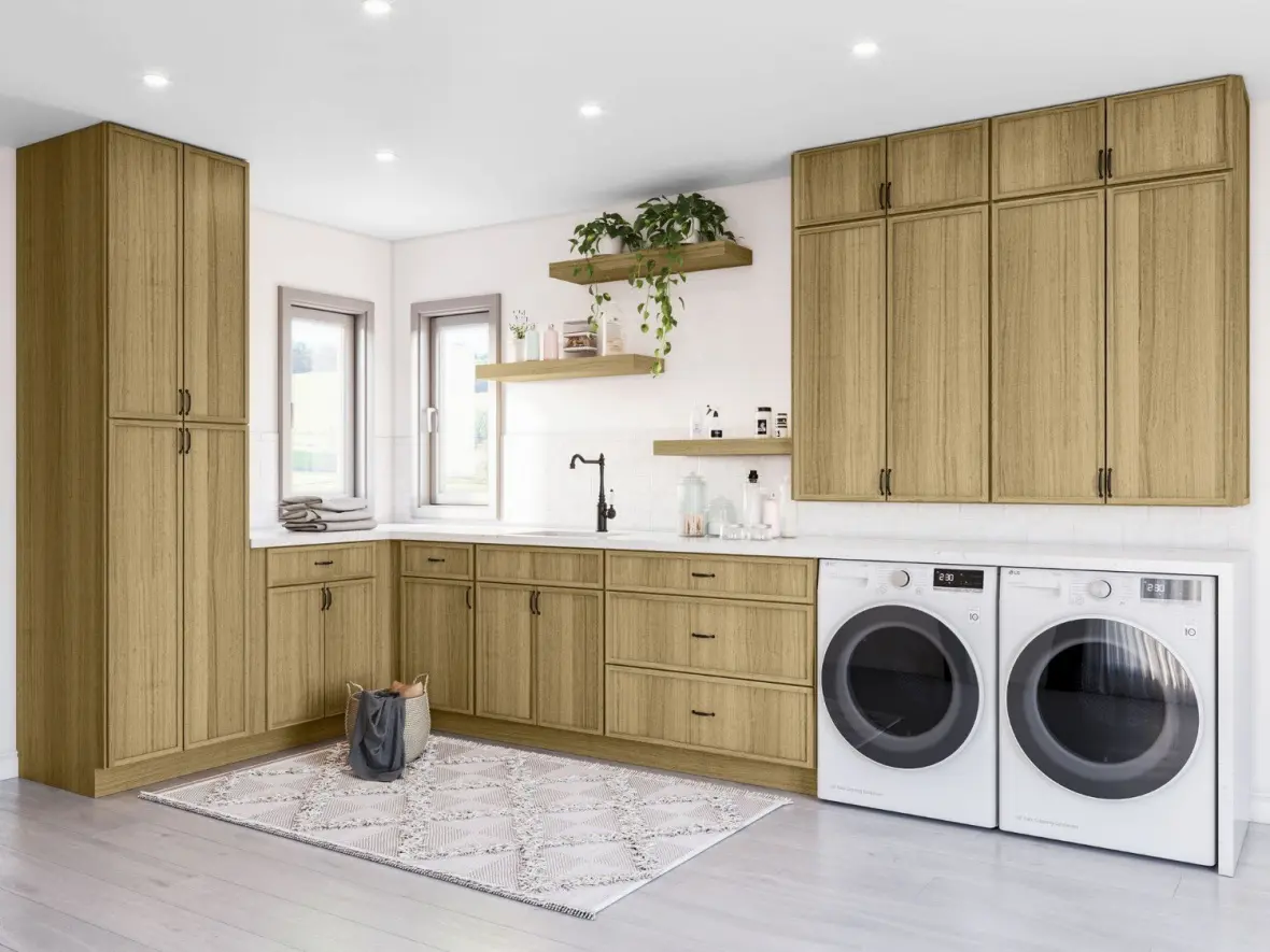 Custom Made Laundry Room Oak Shaker Storage Cupboard Stacked Washer And Dryer Cabinets