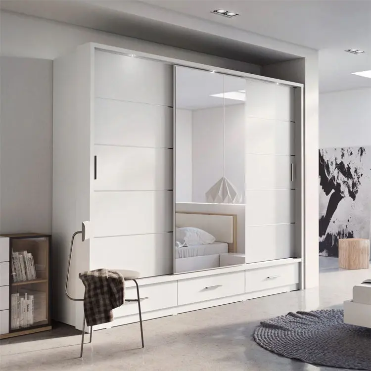 Modern White Three Sliding Door Armoire Closet Wardrobe With Mirror And Drawers