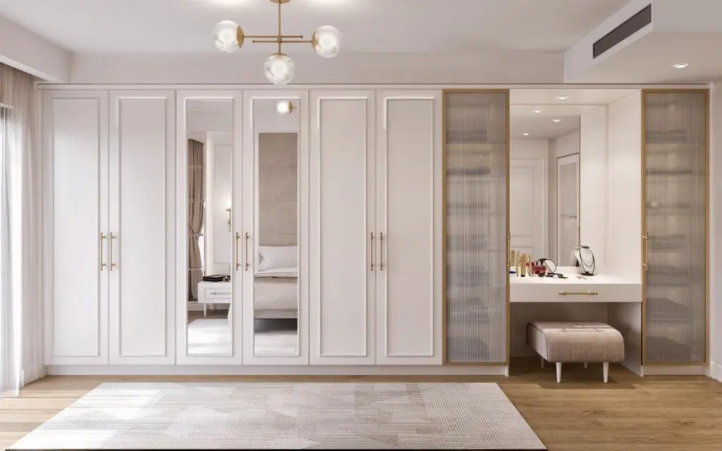 Custom Bedroom White Wooden Closet Wardrobe With Mirror Door