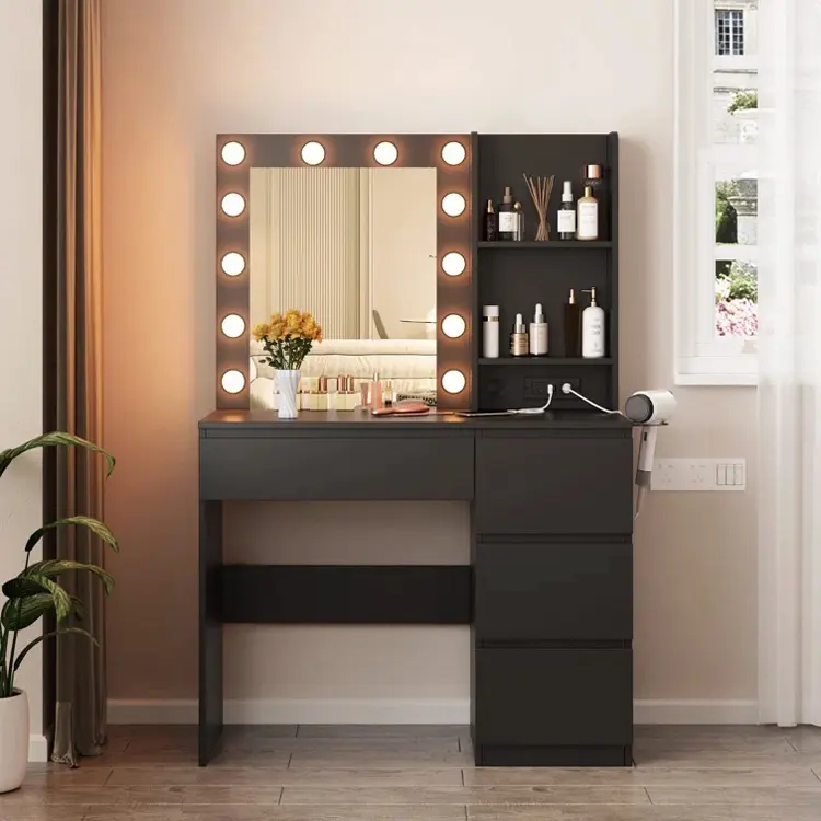 Modern Black Dressing Table Desk Make Up Vanity With Mirror With Lights