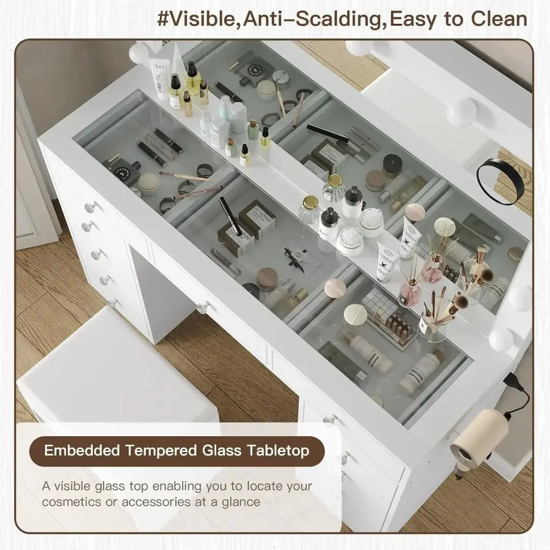 Modern Bedroom White Dressing Table Desk Combo Makeup Vanity Set With Mirror And Lights