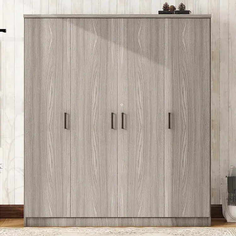 Modern Bedroom 4 Door Grey Armoire Wardrobe With Shelves