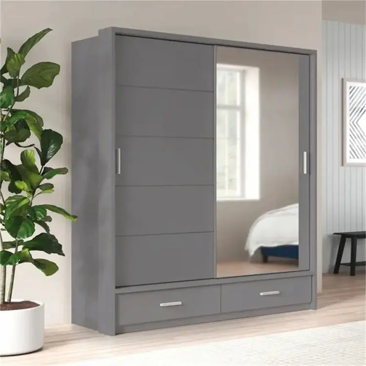 Modern Gray 2 Sliding Door Armoire Closet Wardrobe With Mirror And Drawers