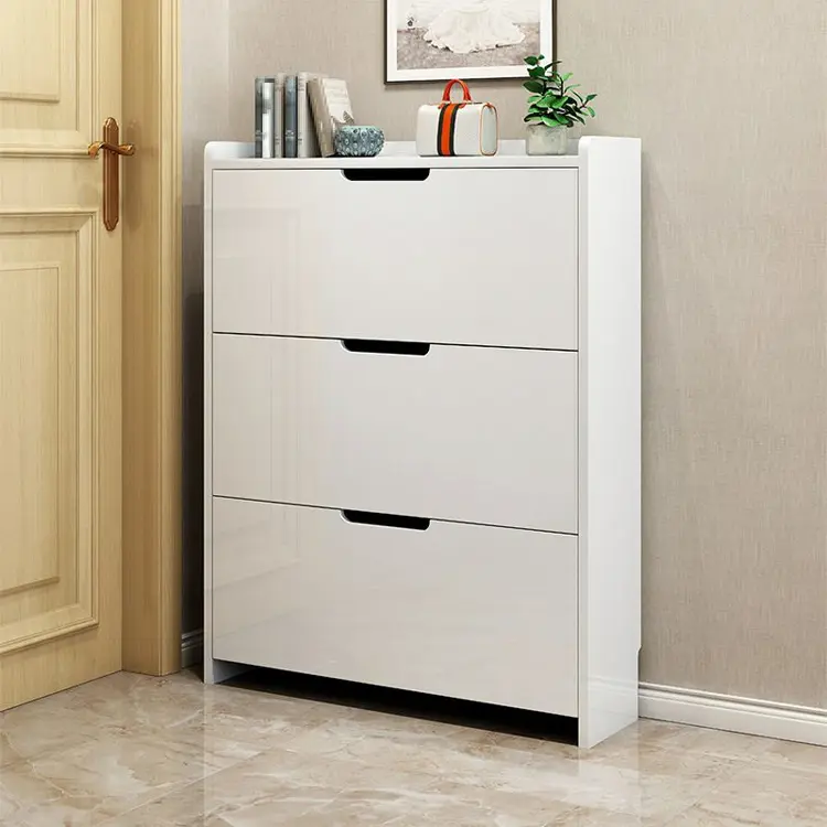 Modern Entryway White Ultra Slim Drop-Down Flap Door Shoe Rack Storage Cabinet