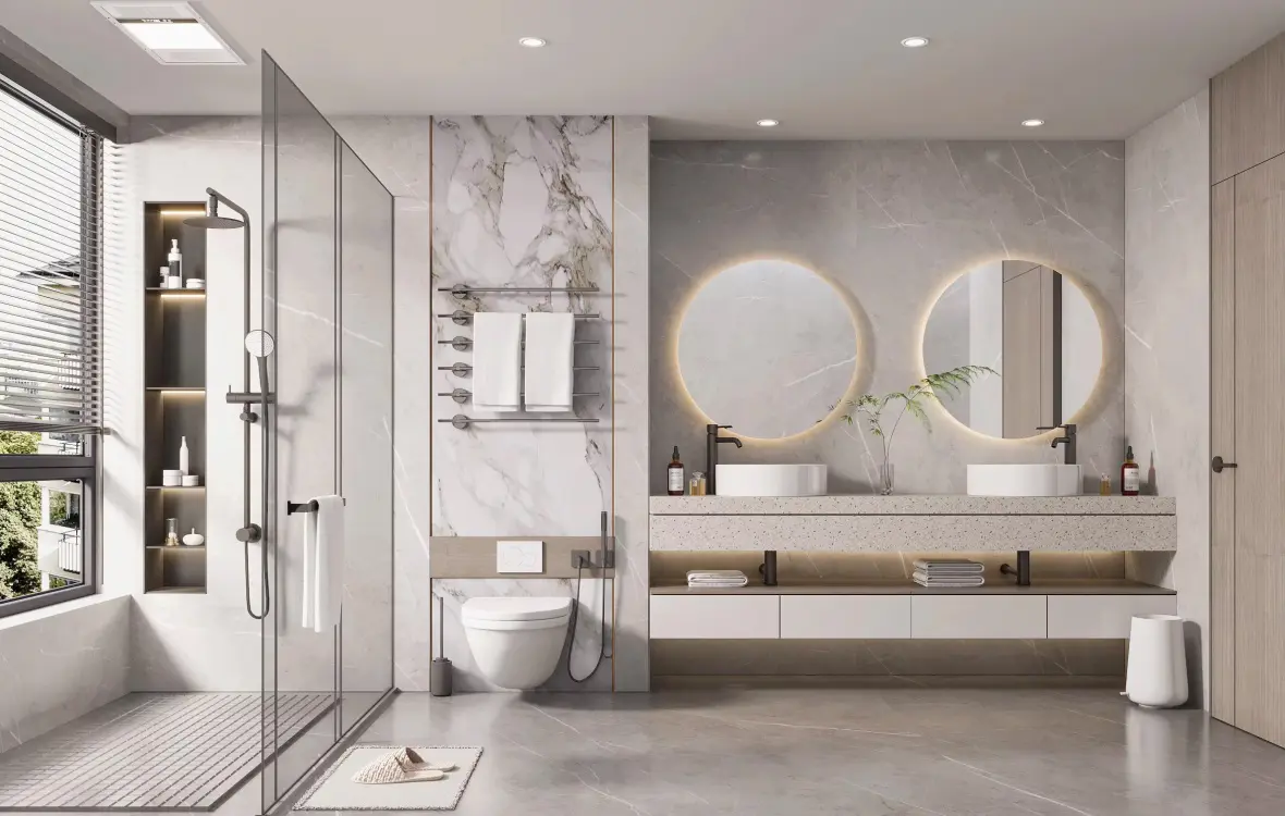 Modern Wall Mounted Round Mirror White Bathroom Double Sink Vanity