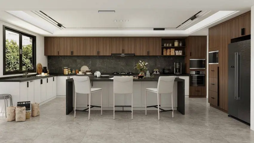 Modern Walnut Veneer Wood Panel Kitchen Cabinets