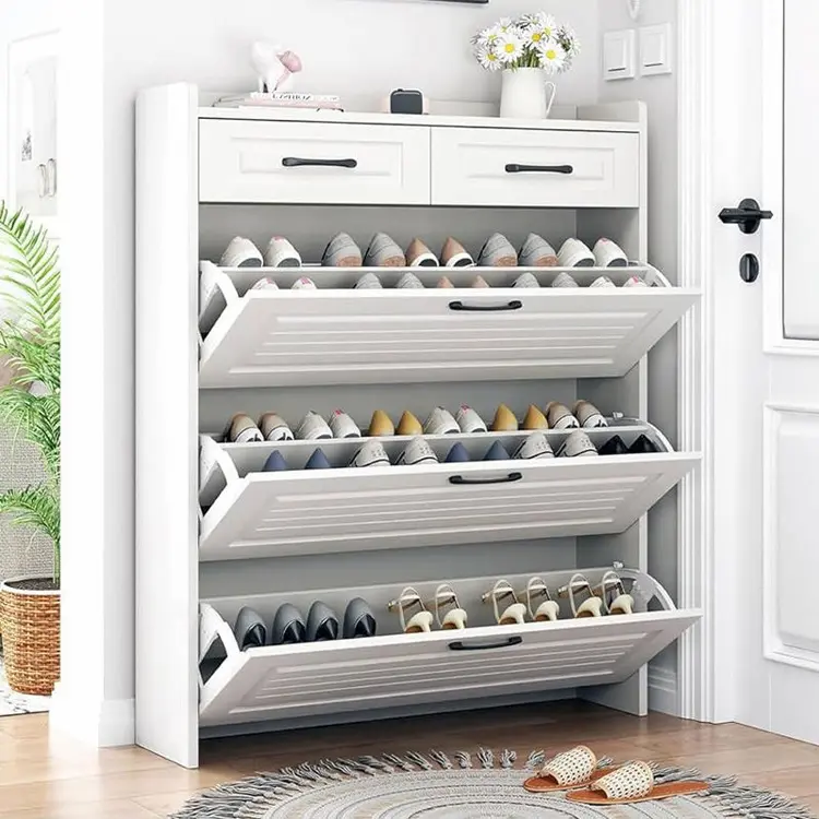 Modern Entry Way Narrow Thin Tilting Door Shoe Rack Storage Cabinet