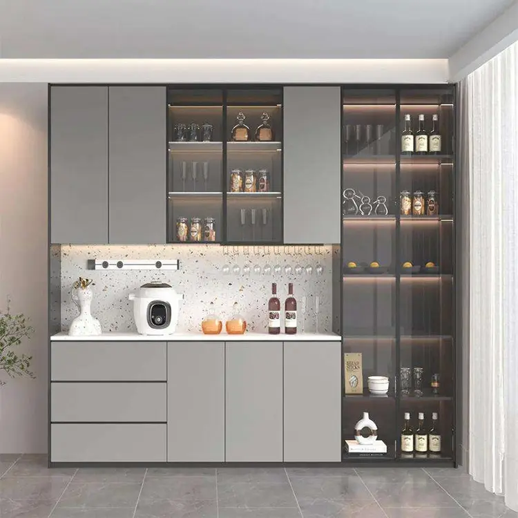 Contemporary Large Gray Storage Cupboard Tall China Display Cabinet With Glass Doors