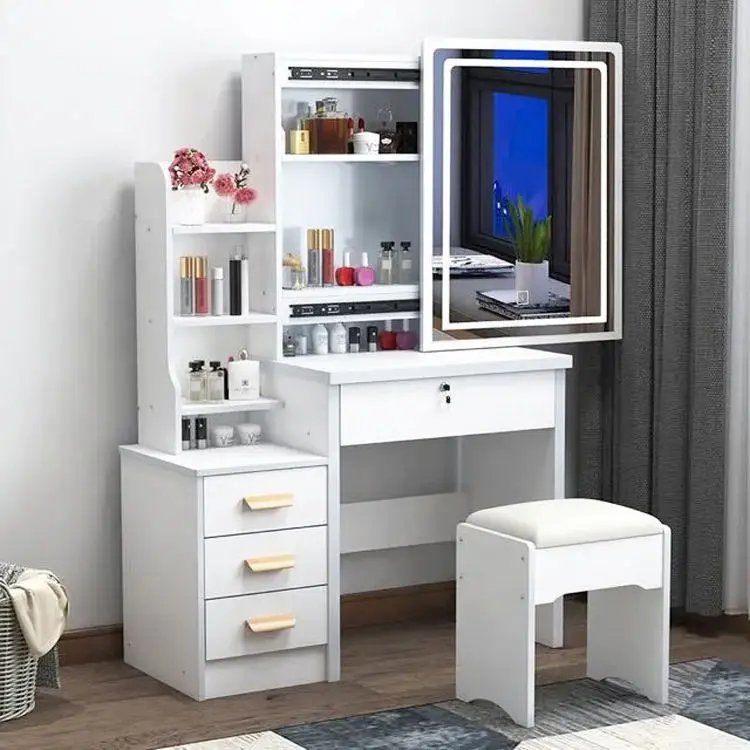 Luxury Dressing Table Chair Makeup Vanity Set With LED Lighted Mirror