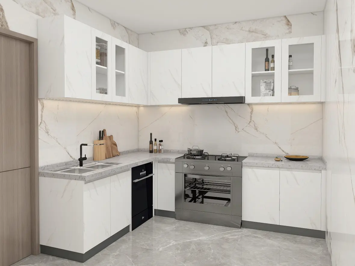 Modern L Shaped Cupboards White Melamine Kitchen Cabinets