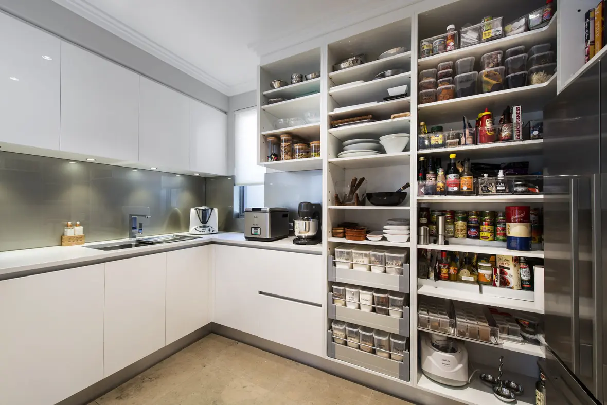 Custom Modern White Built In Kitchen Food Pantry Cupboard Wall Storage Unit Closet Cabinet