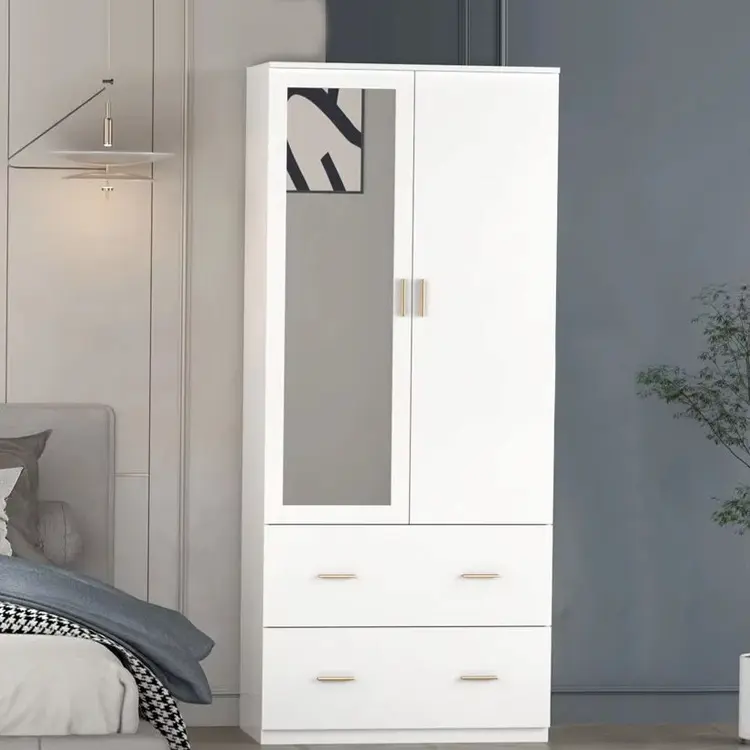 Modern Small White 2 Door Armoire Wardrobe With Drawers