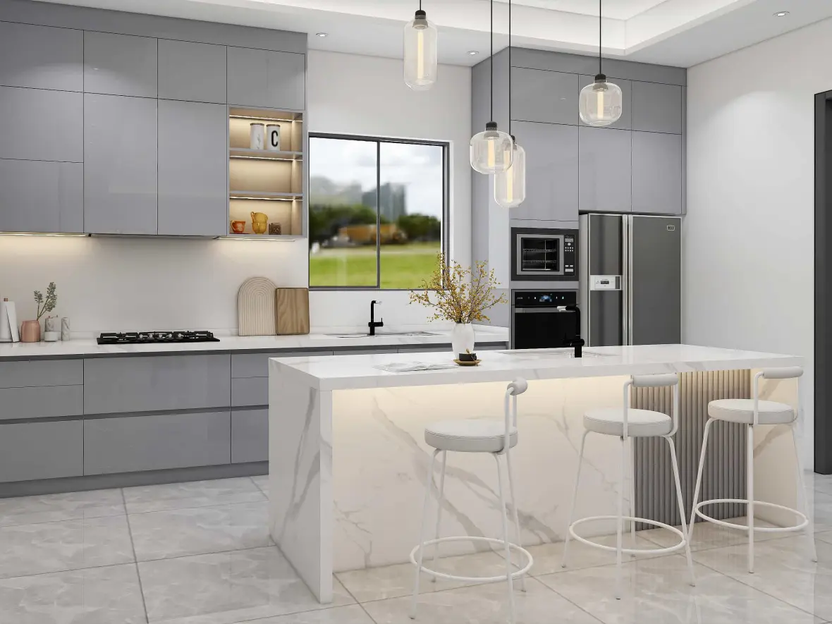 Modern Grey Gloss Lacquer Kitchen Cabinets With Island