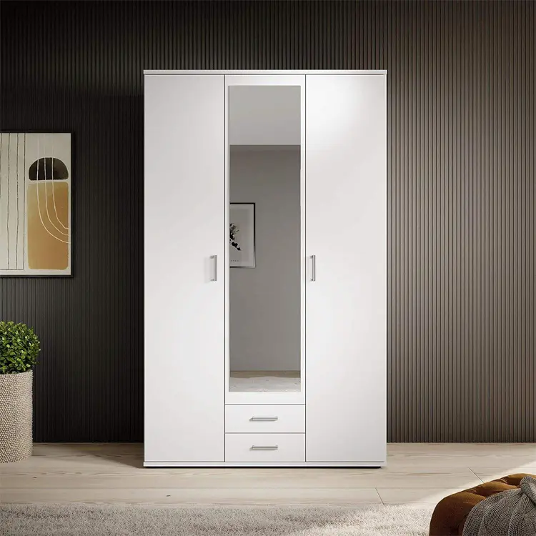 Modern White 3 Door Cupboard Armoire Wardrobe With Mirror And Drawers