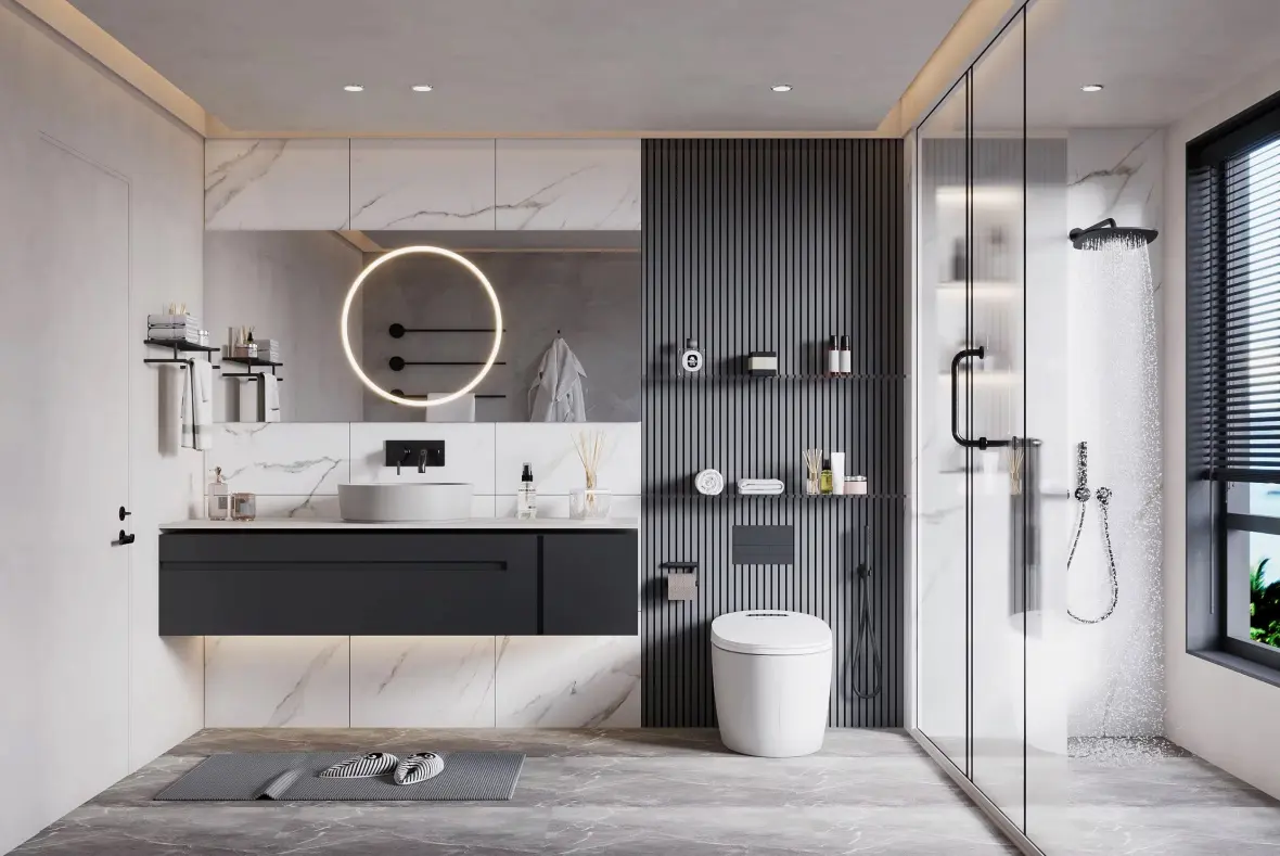 Modern Floating LED Mirror Black Bathroom Vanity Cabinet With Single Sink