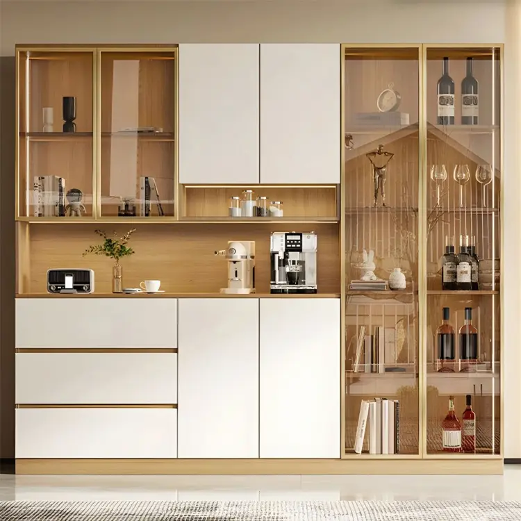 Modern Large Tall Buffet Hutch Cabinet White Oak Sideboard With Wine Storage